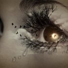 An surreal painting of an eye with some birds around it