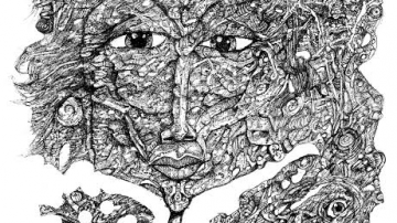 A drawing of a woman made up of many eyes