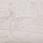 drawing of girl walking over a bridge