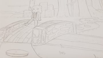 drawing of girl walking over a bridge