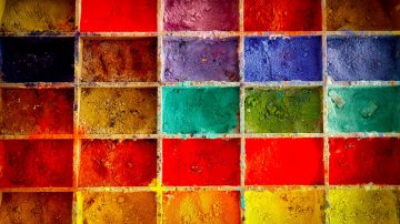 box of different coloured paints