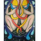 colourful painting of back to back figures in fetal position