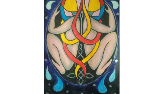 colourful painting of back to back figures in fetal position