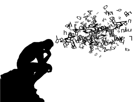 silhouette of a thoughtful figure with letter cloud